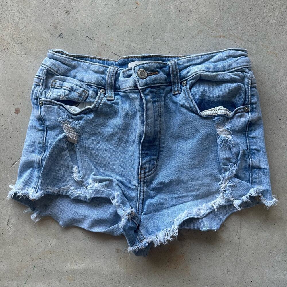 Eunina Blue High Rise Distressed Jean Shorts with Raw Hem